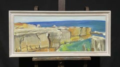 Large French Modernist Coastal Scene Oil Painting, signed & framed