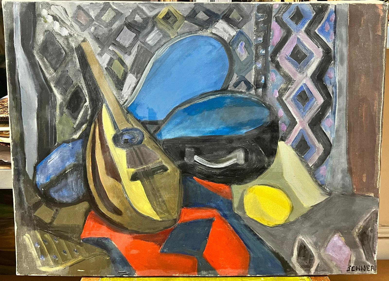 Mid Century French Cubist Still Life Oil Mandolin Abstract Interior Scene - Painting by French School
