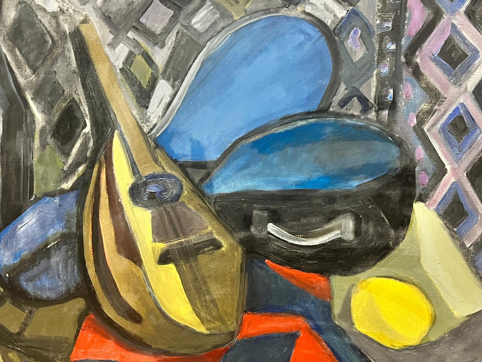 Mid Century French Cubist Still Life Oil Mandolin Abstract Interior Scene For Sale 2