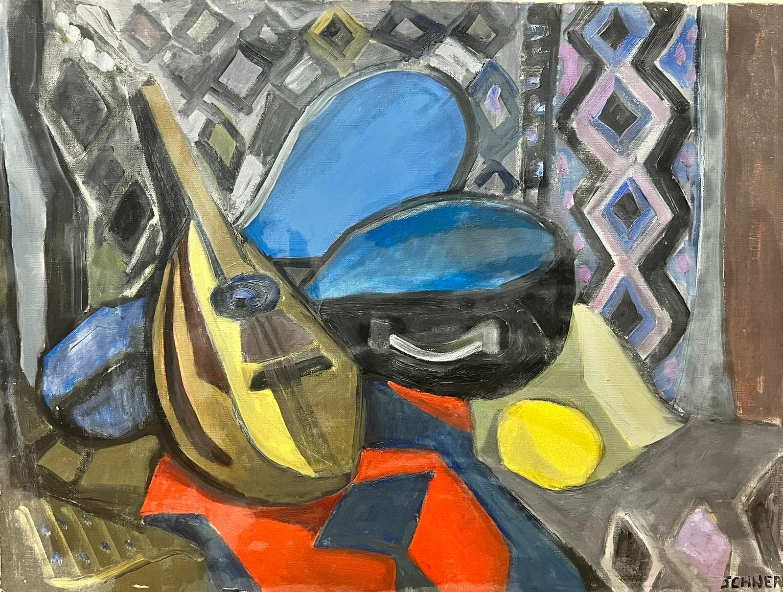 French School Abstract Painting - Mid Century French Cubist Still Life Oil Mandolin Abstract Interior Scene