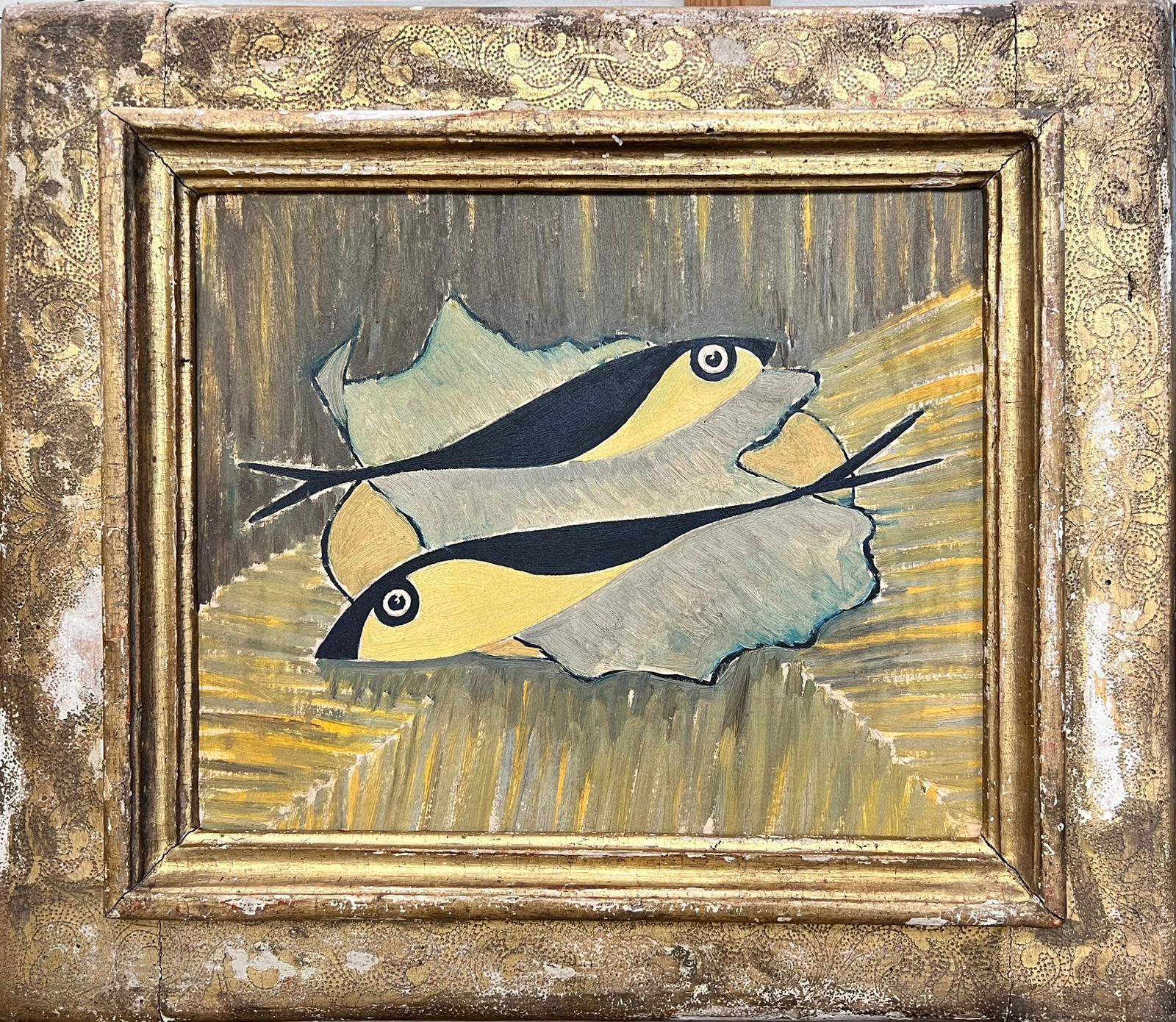 French School Interior Painting - Mid Century French Modernist Oil Still Life of Fish on a Platter beige colors