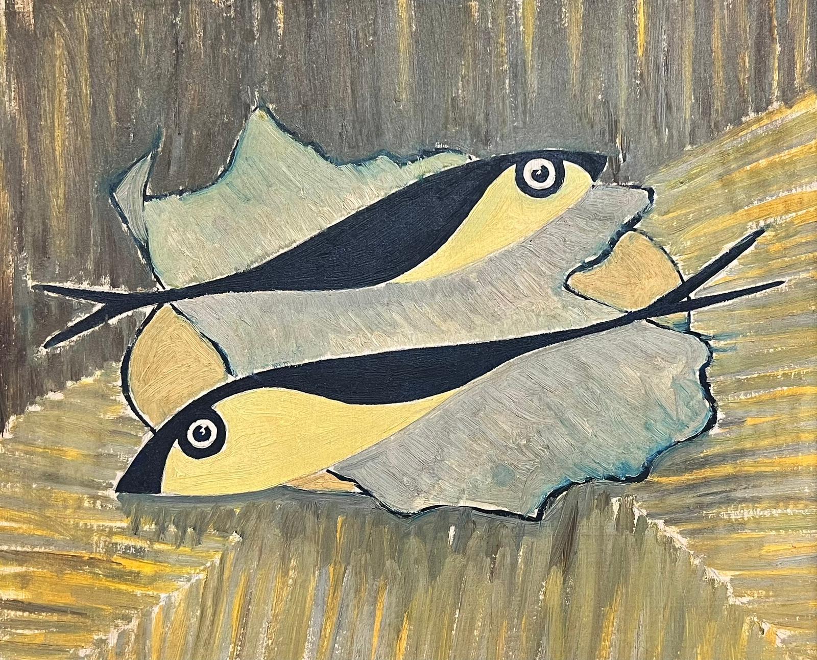 Mid Century French Modernist Oil Still Life of Fish on a Platter beige colors - Painting by French School