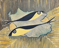Mid Century French Modernist Oil Still Life of Fish on a Platter beige colors