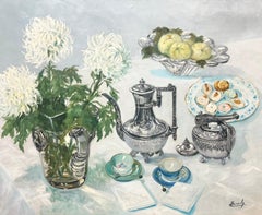 Table à huile française du milieu du siècle dernier, intérieur de table à thé en argent et Chine, signée