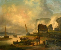 Antique French Oil - Figures Gathered on Seashore at Sunset Beautiful Coastal