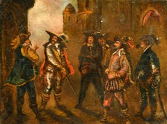 NO RESERVE AUCTION - Antique French Oil Cavaliers Preparing for a Swordfight