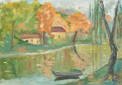 Vintage French Impressionist Oil Painting Sludgy Green Canal with Boat