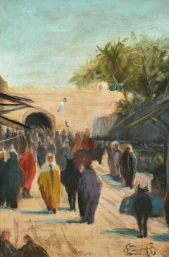 Vintage French Orientalist Signed Oil Painting Figures Tunisian Street Scene