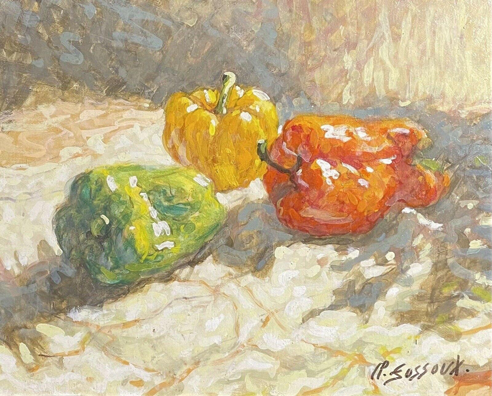 Olio francese del XX secolo firmato - Natura morta di peperoni rossi, verdi e gialli - Painting di Unknown