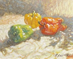 20th Century French Signed Oil - Red Green & Yellow Peppers Still Life