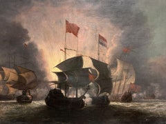 1800's French Naval Battle Scene Night Time Engagement Large Oil on Canvas
