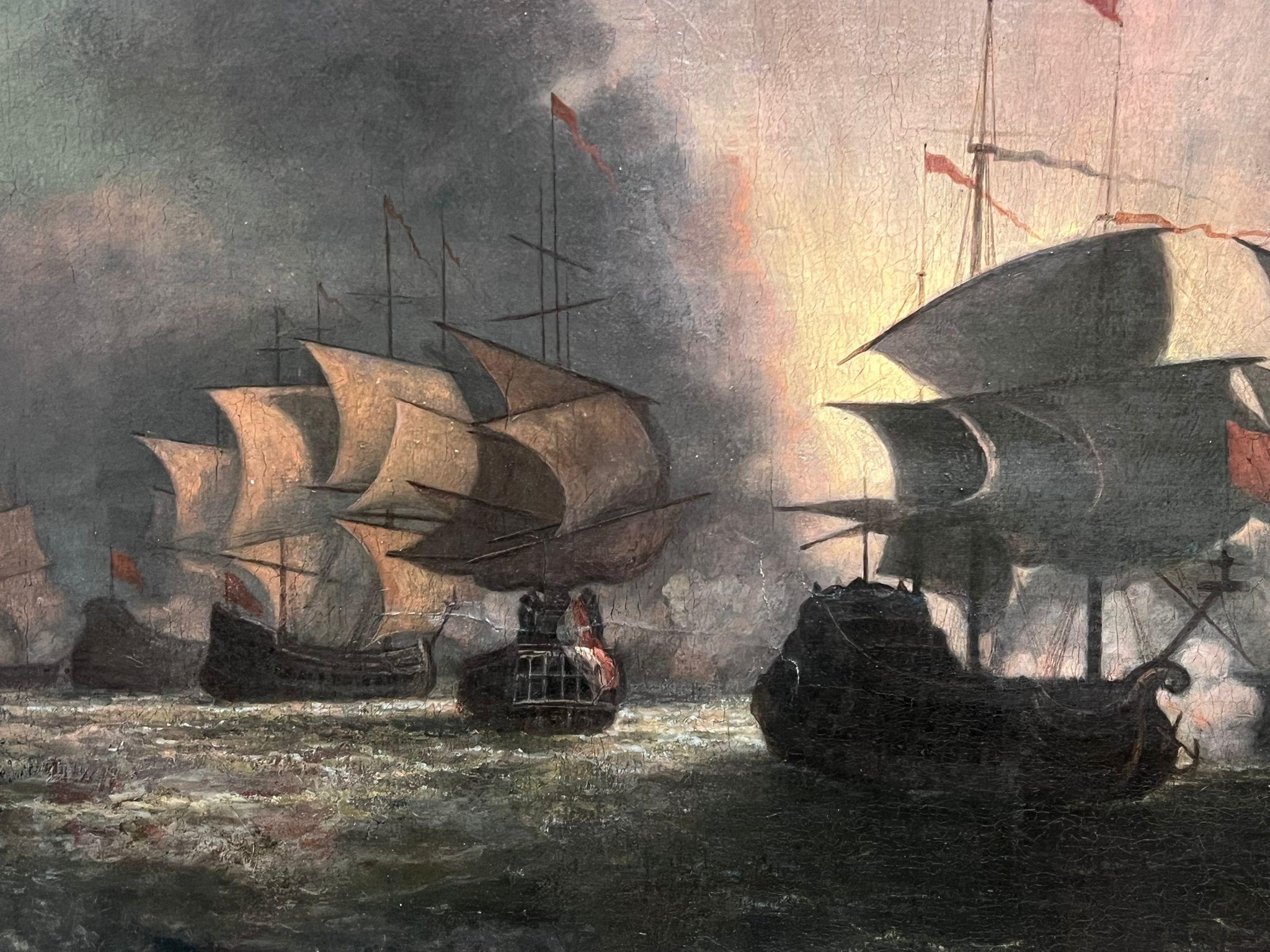 Escena de batalla naval francesa de 1800 Enfrentamiento nocturno Óleo grande sobre lienzo - Painting Antiguos maestros de French School 