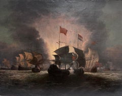 Antique 1800's French Naval Battle Scene Night Time Engagement Large Oil on Canvas