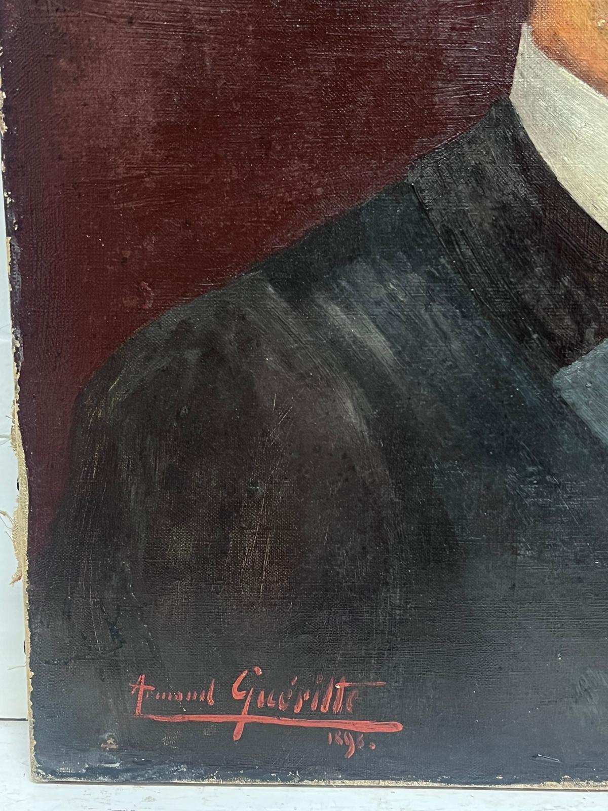 Ritratto di personaggio maschile francese del 1890 firmato e datato 1896, dipinto ad olio con titolo - Portrait Painting Nero di French School 