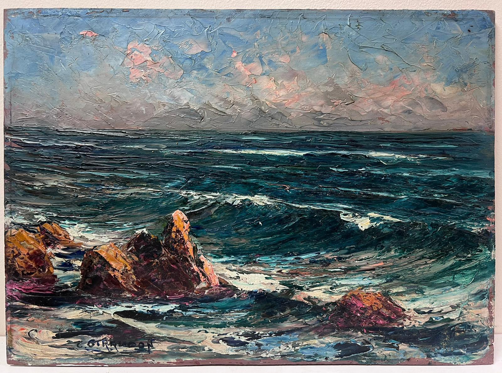 1920er Jahre Französisch Impressionist signiert Ölgemälde Crash Waves Seascape Beach – Painting von French School 