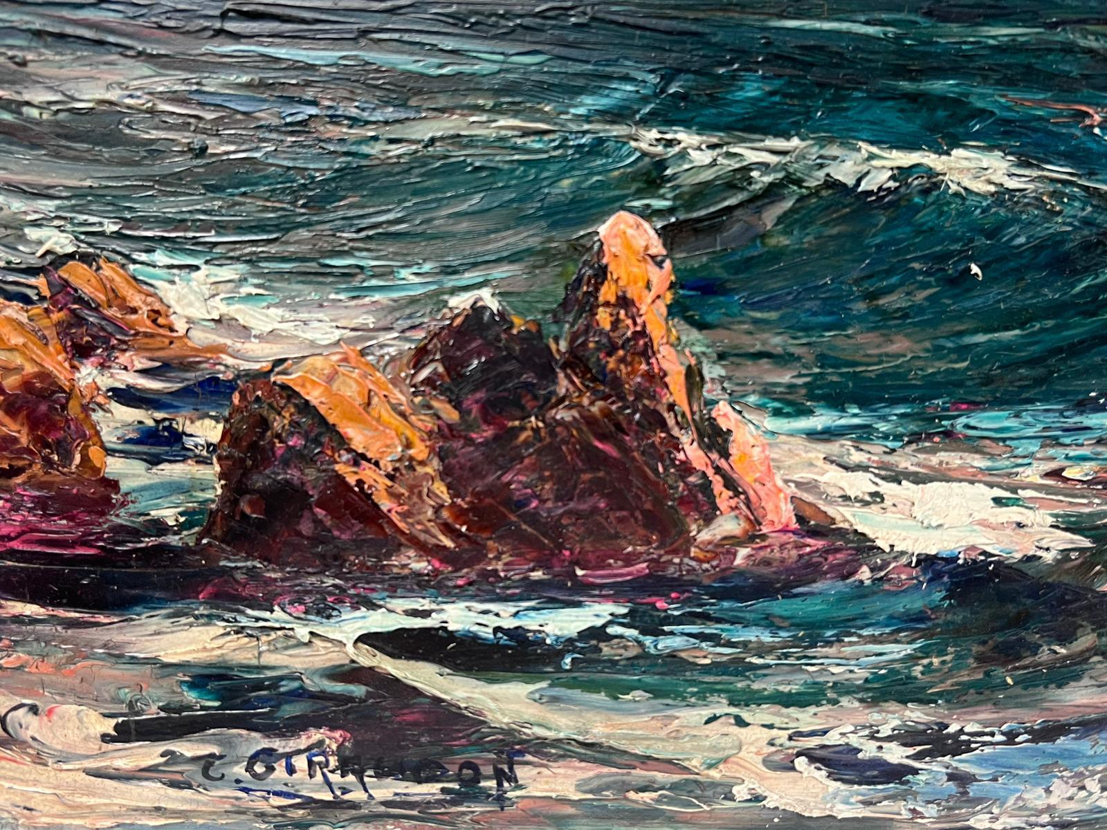 1920er Jahre Französisch Impressionist signiert Ölgemälde Crash Waves Seascape Beach (Impressionismus), Painting, von French School 