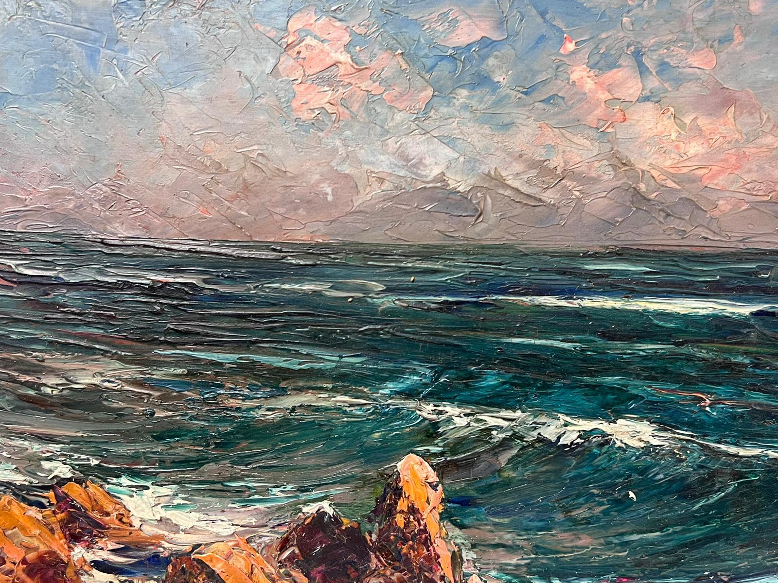 1920er Jahre Französisch Impressionist signiert Ölgemälde Crash Waves Seascape Beach (Grau), Landscape Painting, von French School 