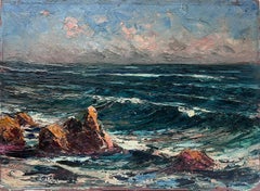 Antique 1920's French Impressionist Signed Oil Painting Crashing Waves Seascape Beach