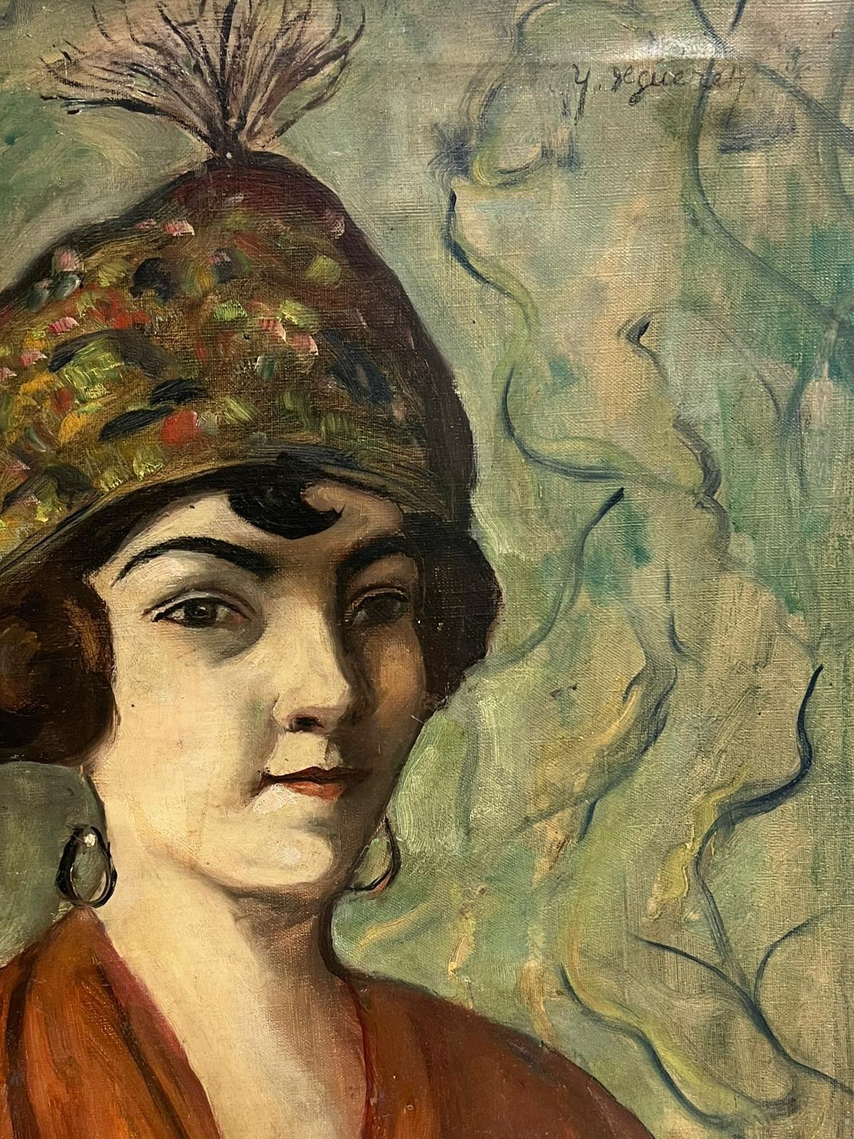 1920's French Portrait of Fashionable Young Lady in Dapper Headpiece Signed Oil  - Painting by French School 