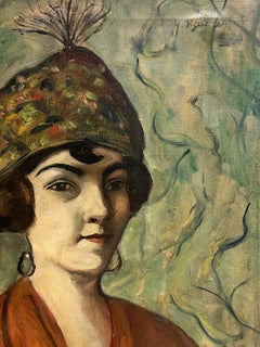 1920's French Portrait of Fashionable Young Lady in Dapper Headpiece Signed Oil