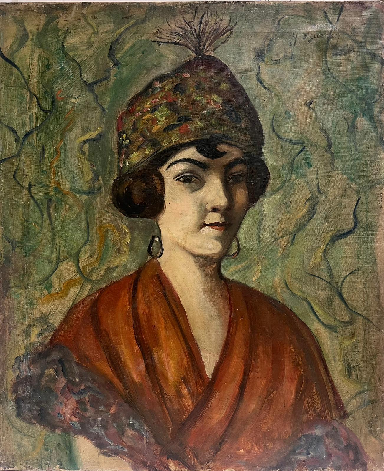 French School  Portrait Painting - 1920's French Portrait of Fashionable Young Lady in Dapper Headpiece Signed Oil 