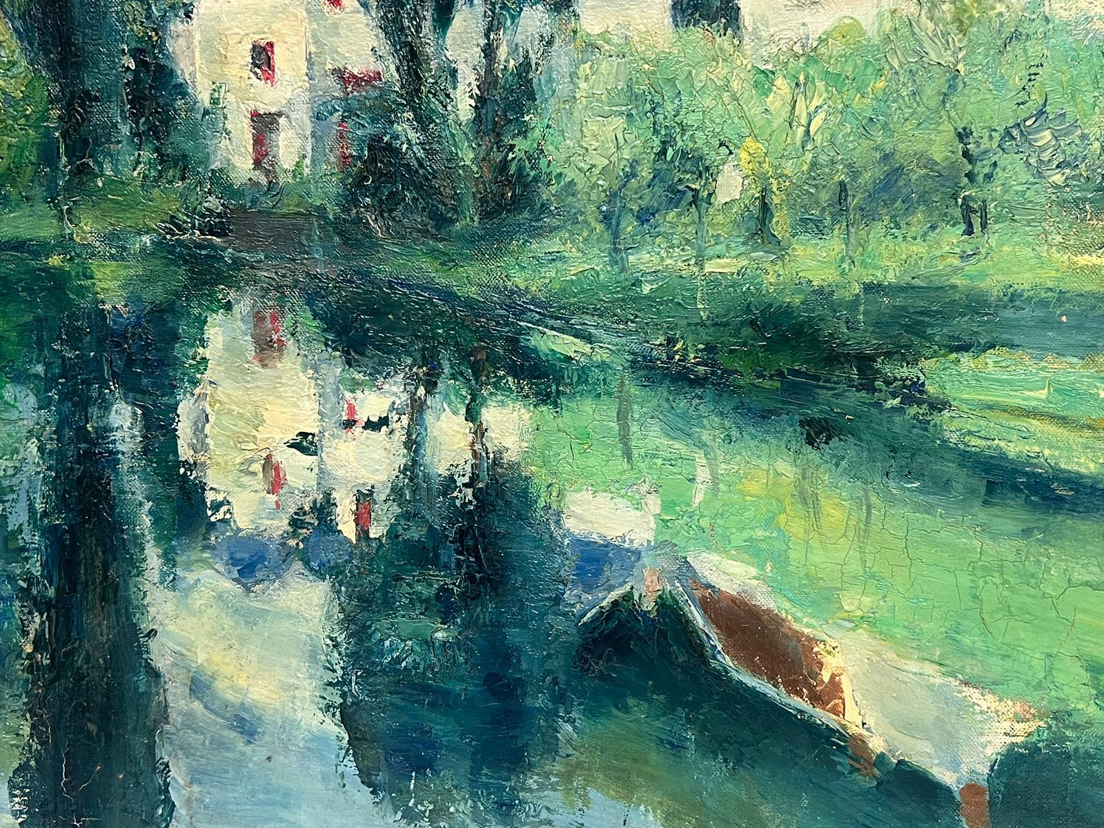 1930's French Impressionist Oil Painting Sludgy Green River Landscape Meadows For Sale 3