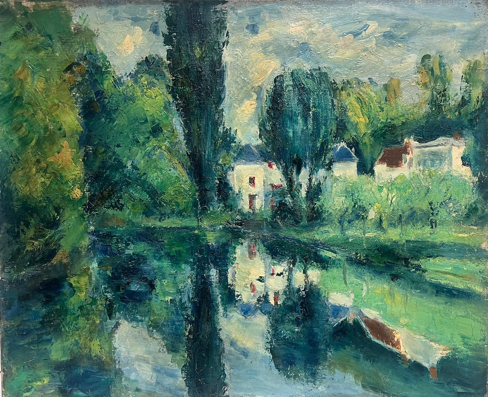 French School  Landscape Painting - 1930's French Impressionist Oil Painting Sludgy Green River Landscape Meadows