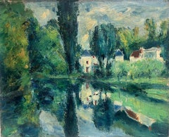 Peinture à l'huile impressionniste française des années 1930, paysage de rivière verte luxuriante Meadows