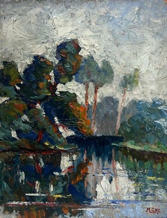 1930
s French Signed Oil Moody Atmospheric Trees by Lake Green 
Brown Sludgy