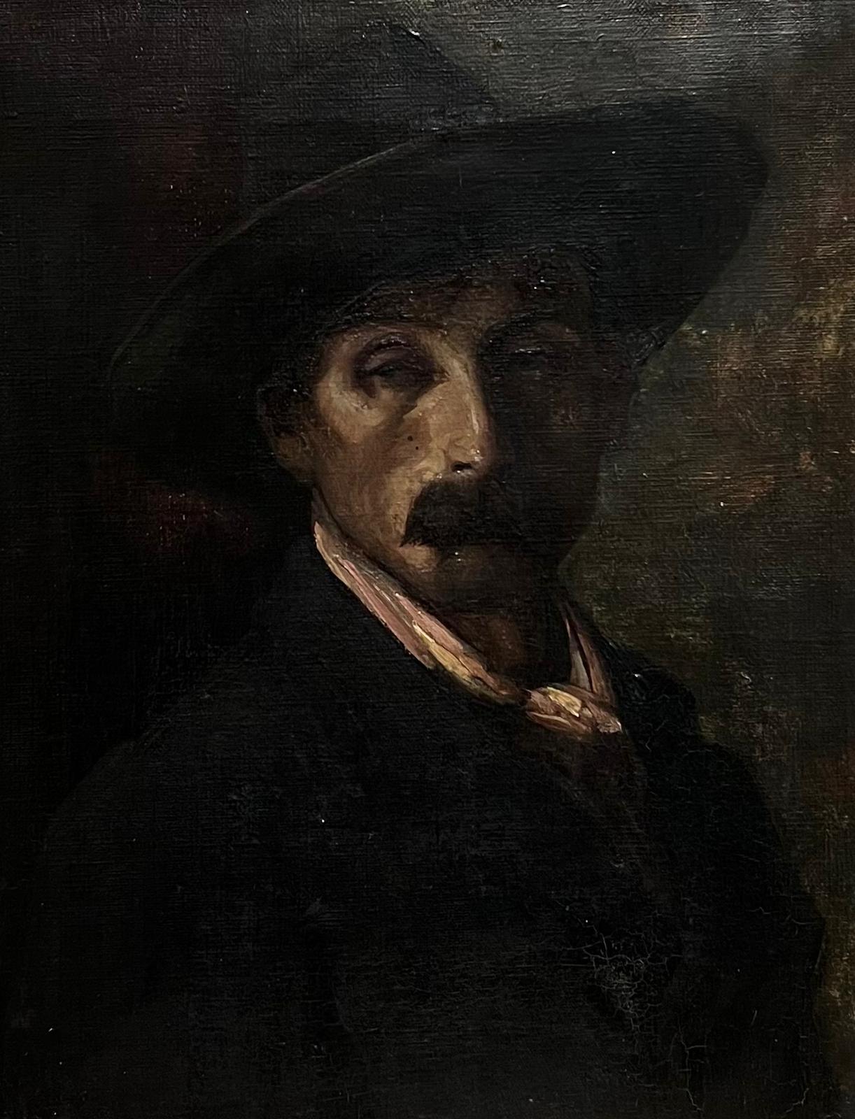 1930's Portrait of a French Gentleman of Character Wearing Black Hat & Moustache - Painting by French School 