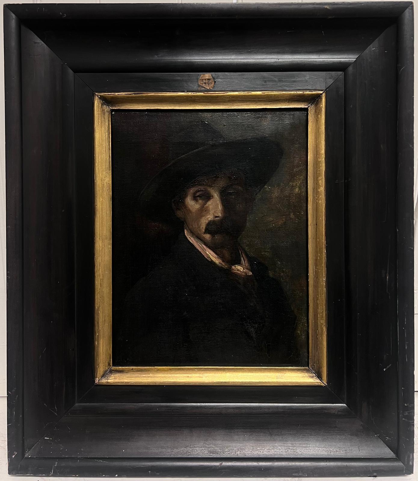 French School  Portrait Painting - 1930's Portrait of a French Gentleman of Character Wearing Black Hat & Moustache