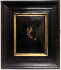 Antique 1930's Portrait of a French Gentleman of Character Wearing Black Hat & Moustache