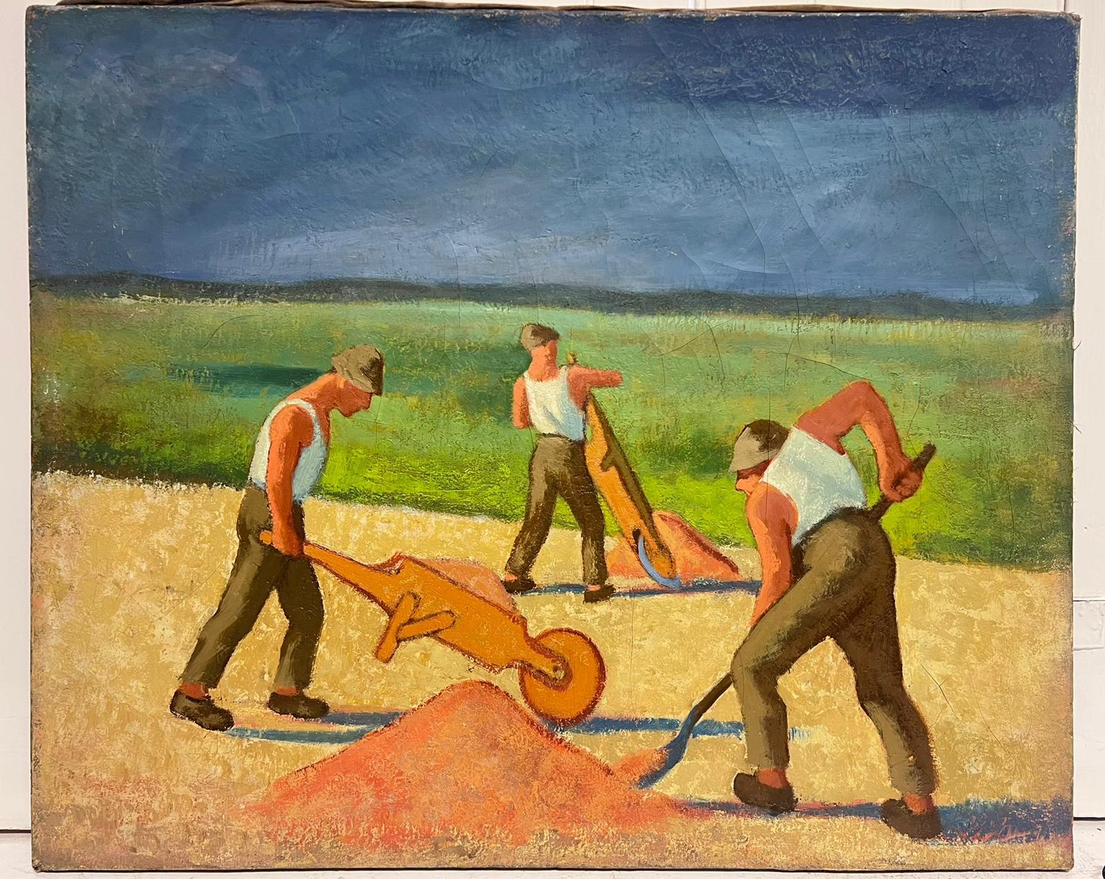 1950's French Modernist Oil Men Manual Labour Working in Field with Wheelbarrows - Painting by French School 