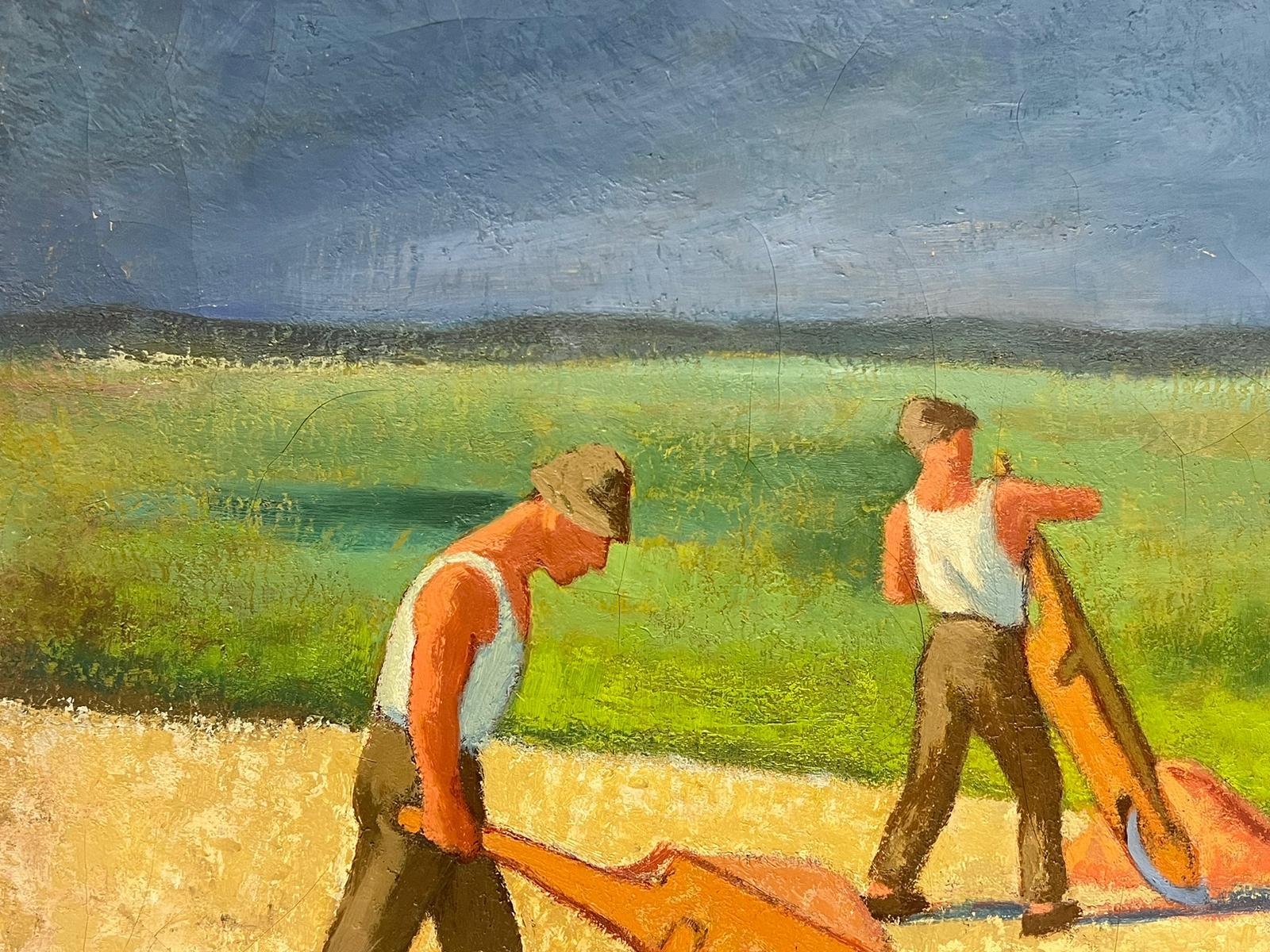 1950's French Modernist Oil Men Manual Labour Working in Field with Wheelbarrows For Sale 1