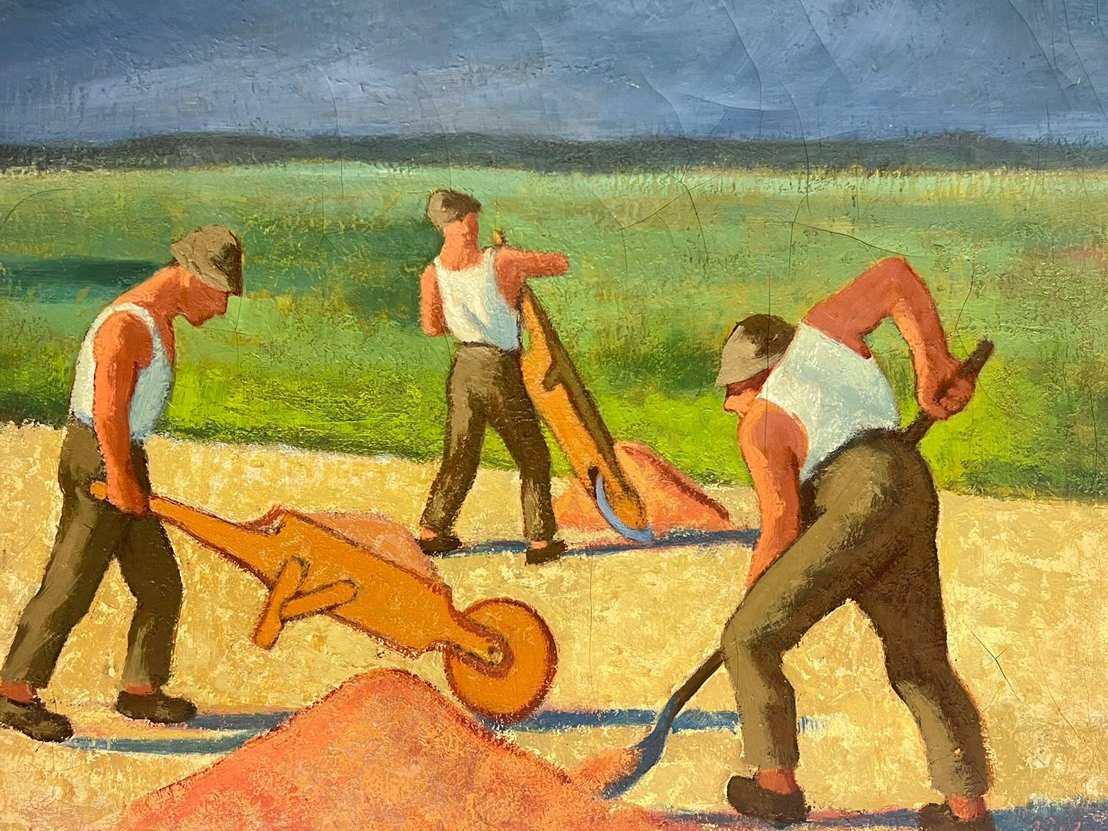 1950's French Modernist Oil Men Manual Labour Working in Field with Wheelbarrows For Sale 3