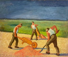 Vintage 1950's French Modernist Oil Men Manual Labour Working in Field with Wheelbarrows