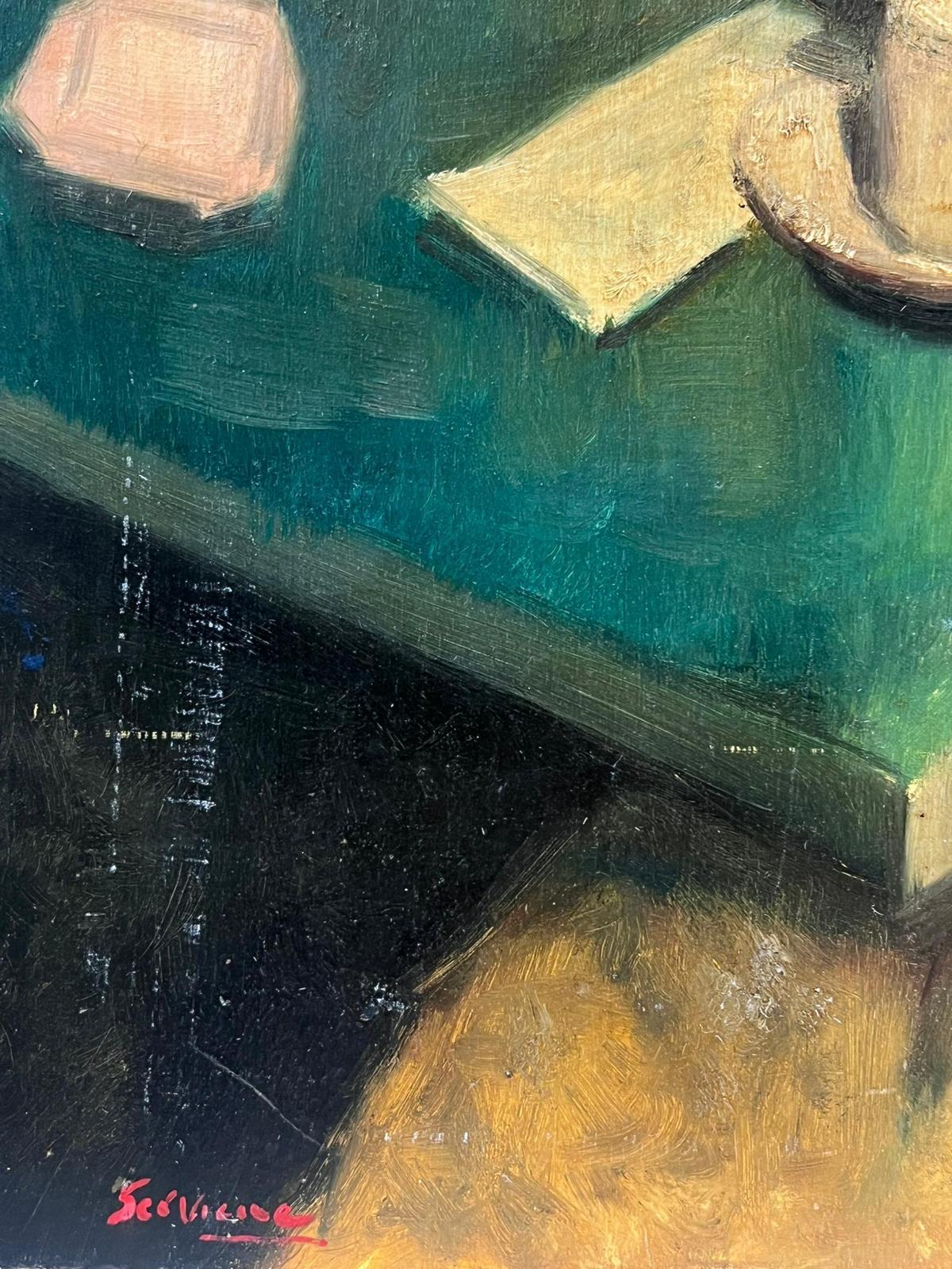 Peinture à l'huile française signée des années 1950 Femme assise dans un café à l'intérieur, d'humeur pensive - Post-impressionnisme Painting par French School 