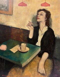 Peinture à l'huile française signée des années 1950 Femme assise dans un café à l'intérieur, d'humeur pensive