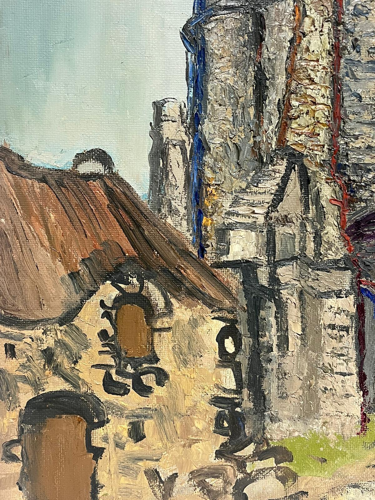 1960's French Post Impressionist Oil Painting Stony Church Building Thick Impaso - Gray Landscape Painting by French School 