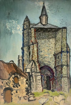 1960's French Post Impressionist Oil Painting Stony Church Building Thick Impaso