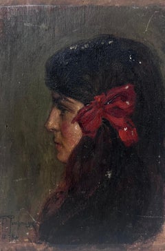 Antique portrait de jeune femme impressionniste française signé et daté de 1919