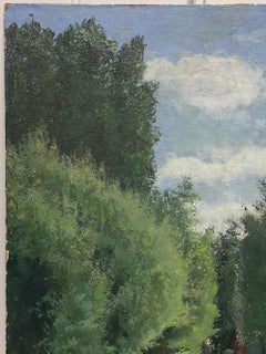 Antique French Impressionist Öl Woodland Avenue Bäume Dappled Sonnenlicht Pfad