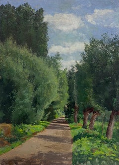 Antique French Impressionist Öl Woodland Avenue Bäume Dappled Sonnenlicht Pfad