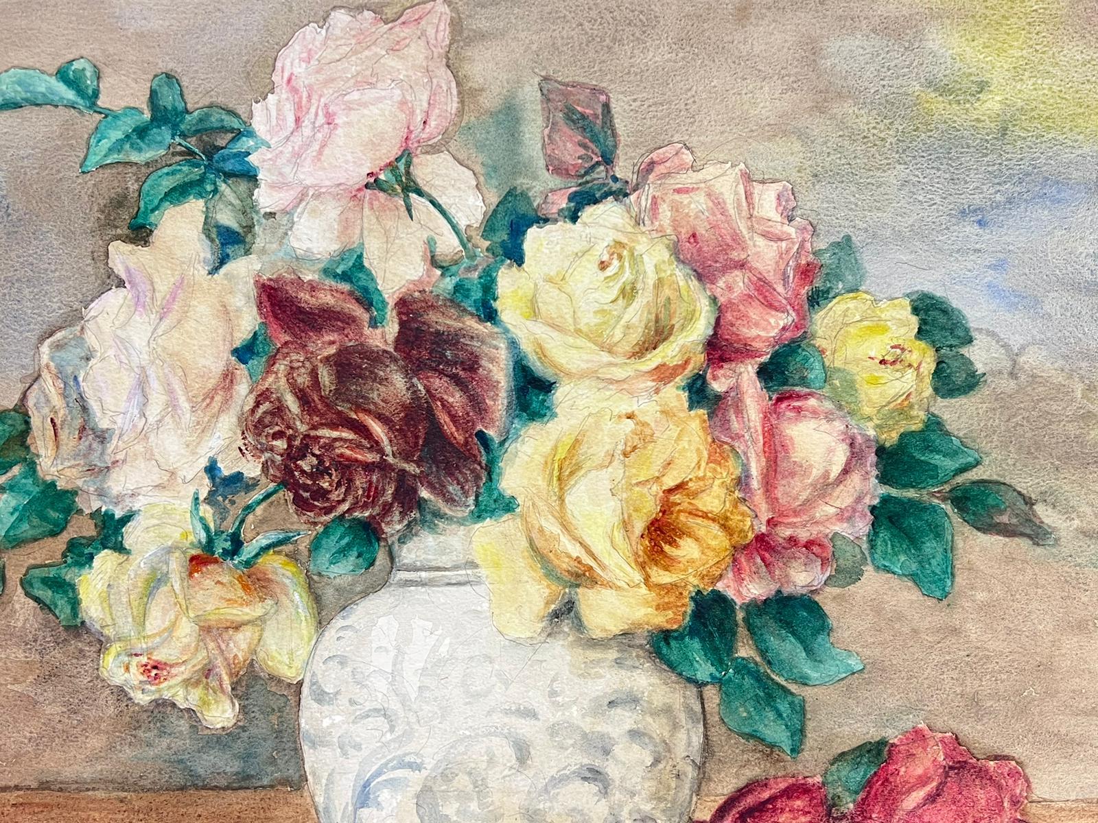 Antique French Signed Watercolor Painting Still Life of Roses - Brown Still-Life Painting by French School 