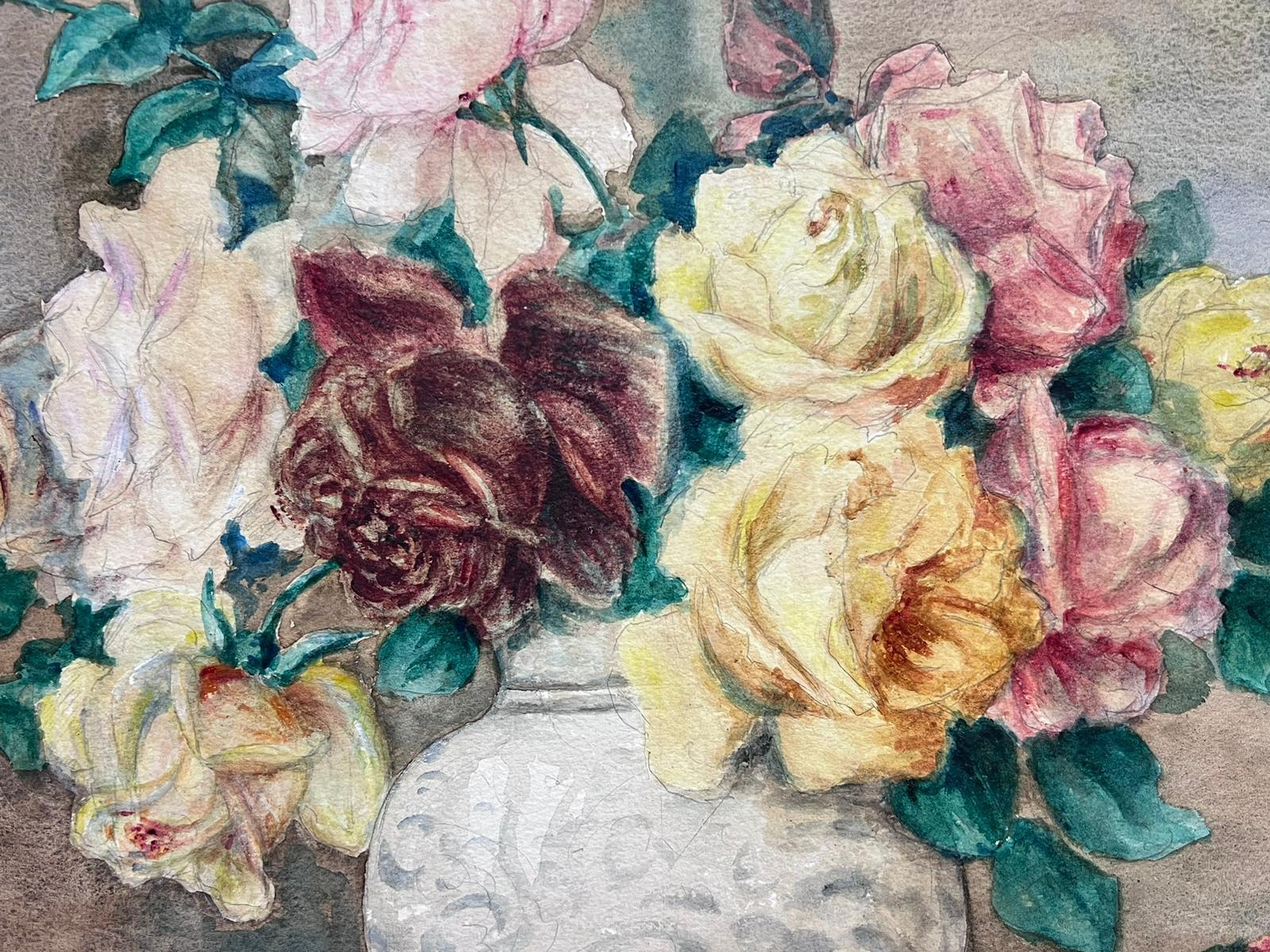 Antique French Signed Watercolor Painting Still Life of Roses For Sale 1