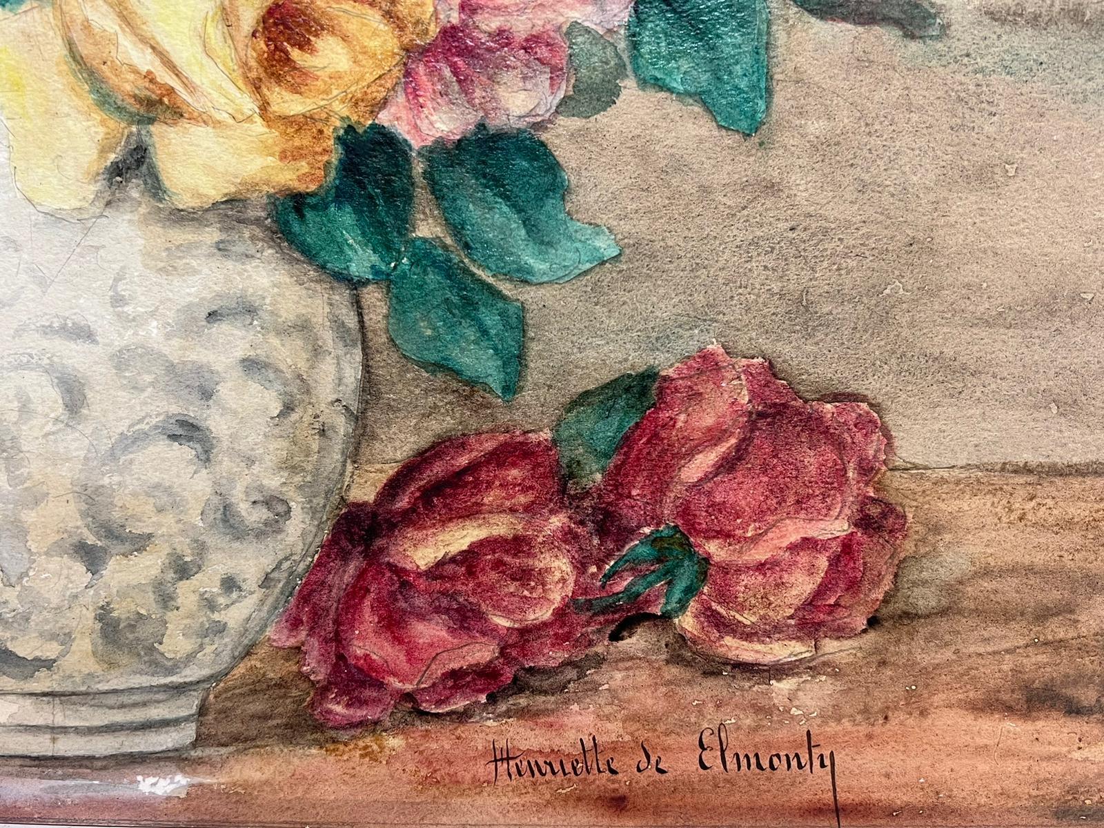 Antique French Signed Watercolor Painting Still Life of Roses For Sale 2