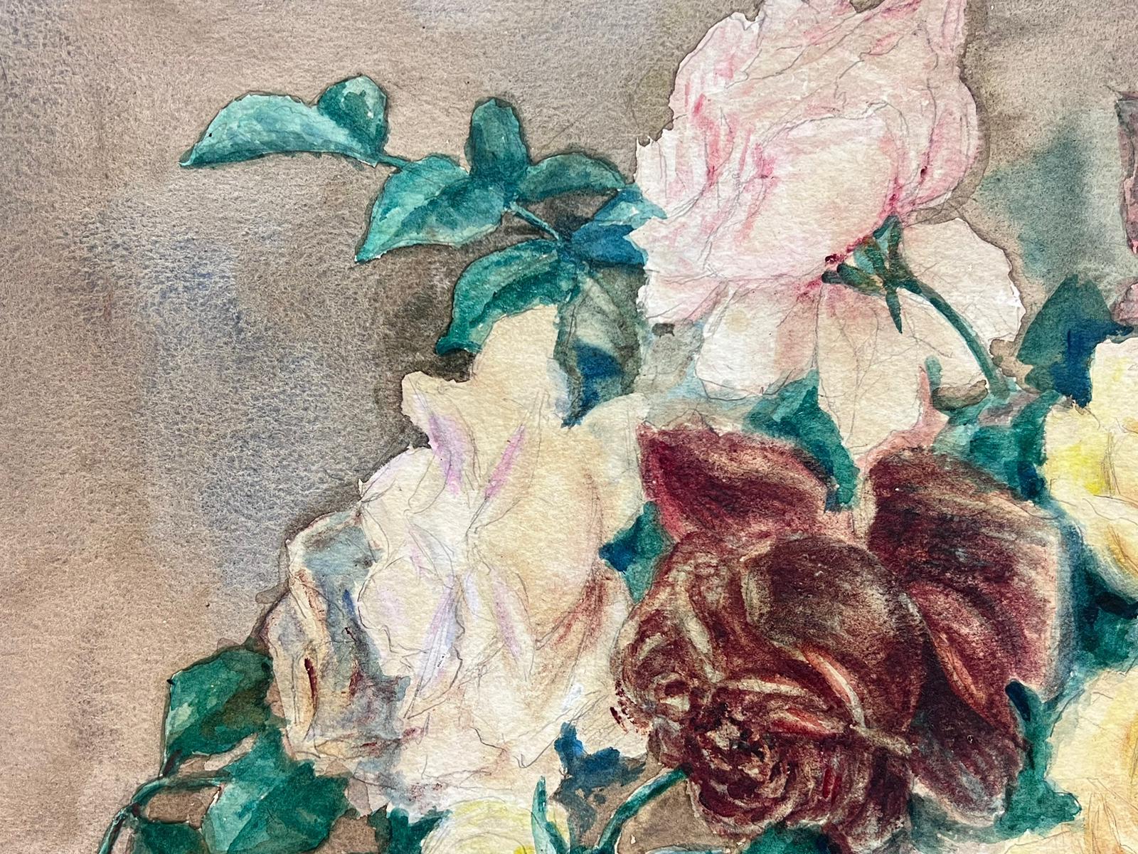 Antique French Signed Watercolor Painting Still Life of Roses For Sale 3