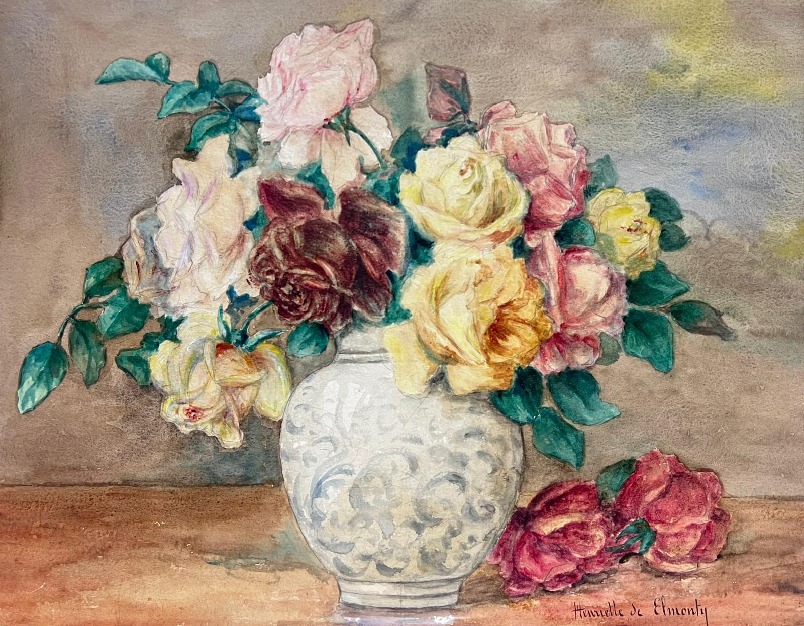 Antique French Signed Watercolor Painting Still Life of Roses
