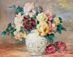 Antique French Signed Watercolor Painting Still Life of Roses