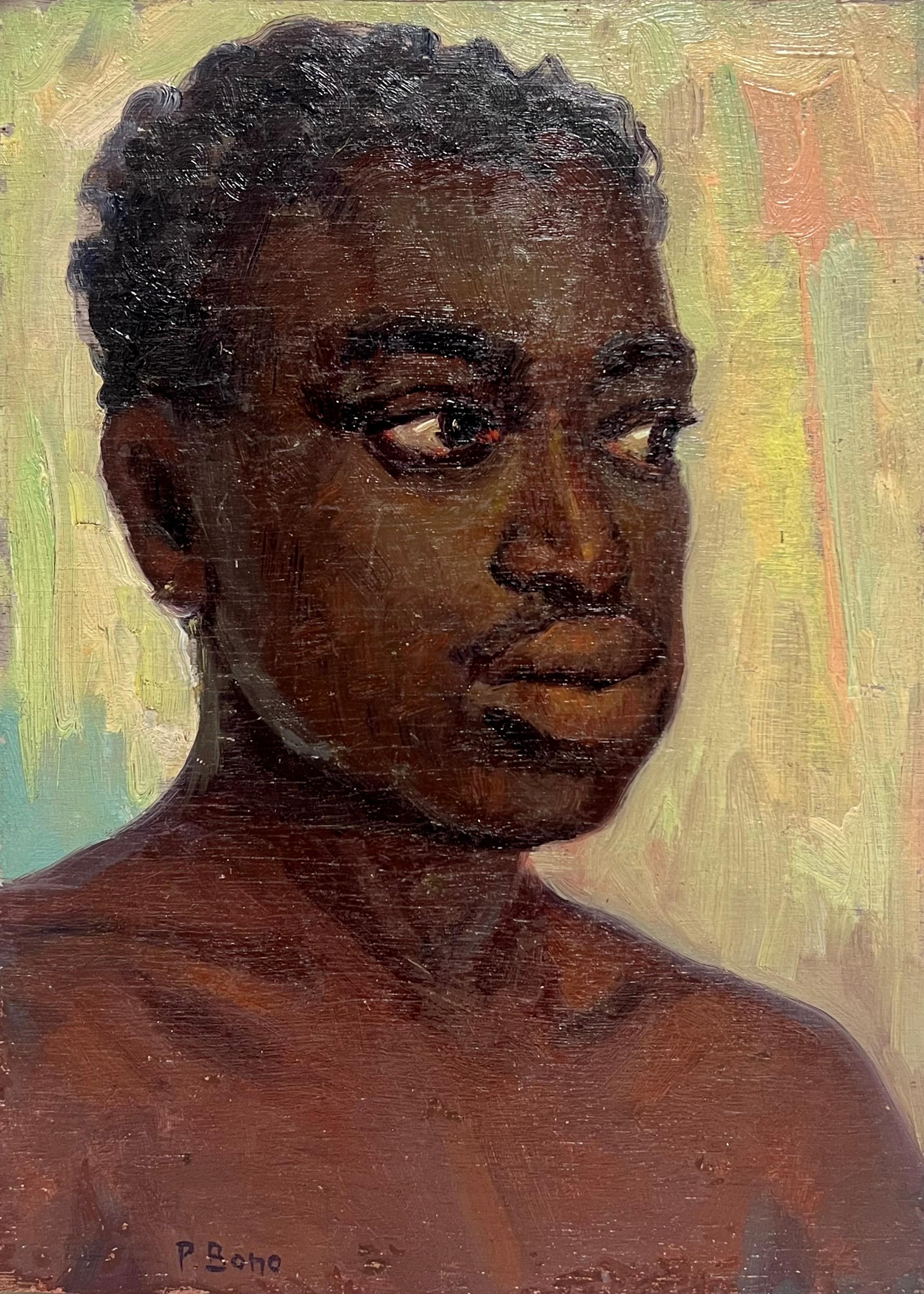 French School  Portrait Painting – Feine 1950
s Französisch signiert Ölgemälde Kopf 
Schultern Porträt nackter Mann